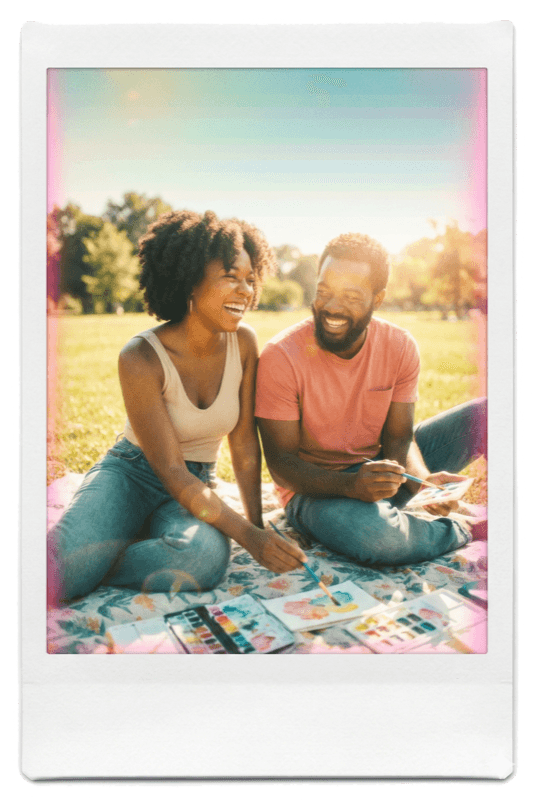 Couples watercolor painting date in the park